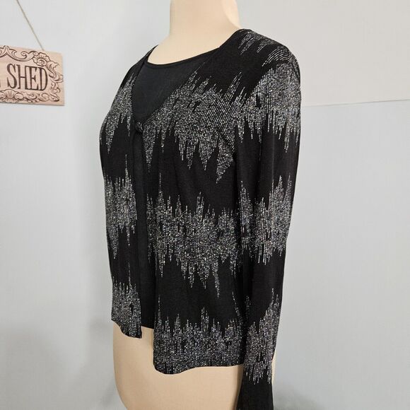 Western Connection Twofer Top Womens Medium Black Silver Metallic Festive Bling - Picture 5 of 14